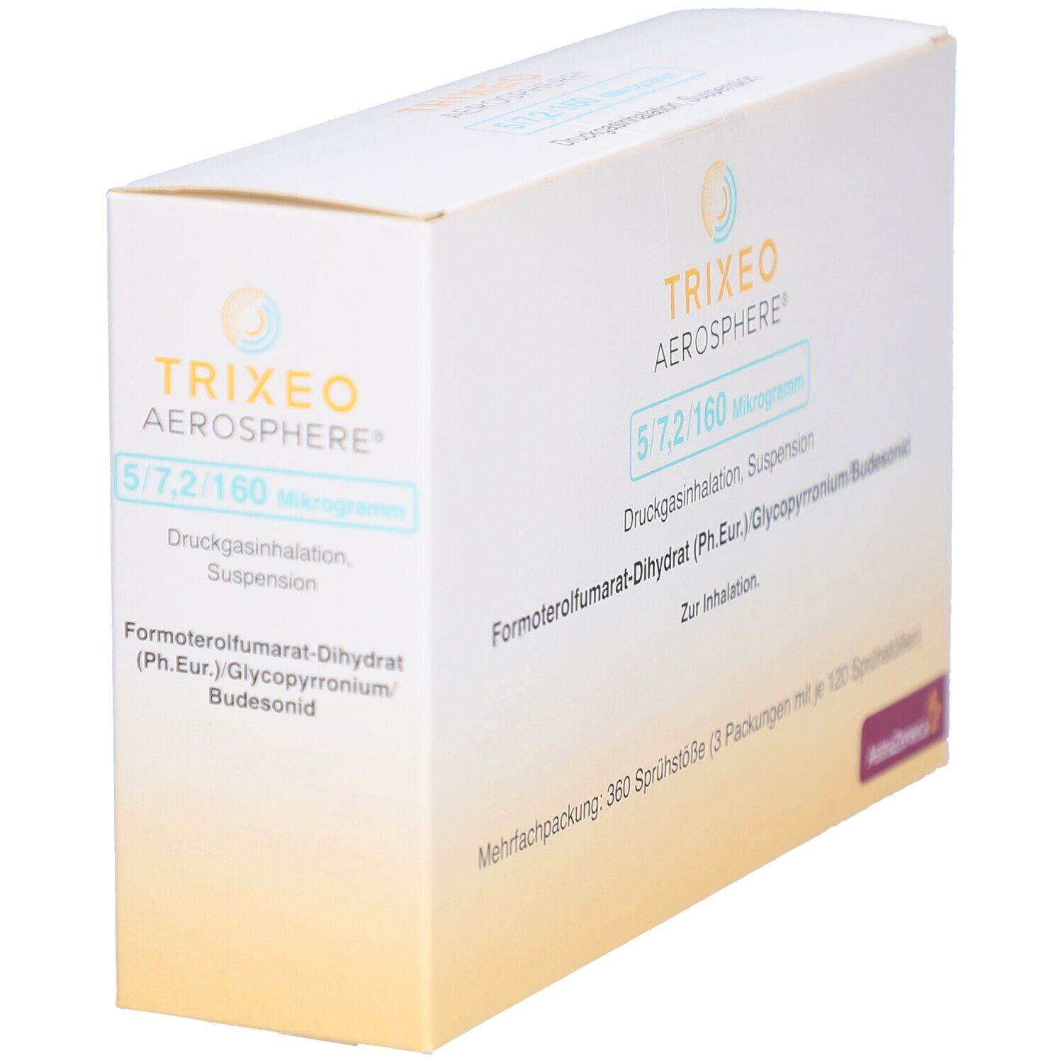 Weiße Faltschachtel mit Produktnamen und Dosierung. Aufdrucke: TRIXEO Aerosphere, 5/7,2/160 Mikrogramm, Druckgasinhalation, Suspension.