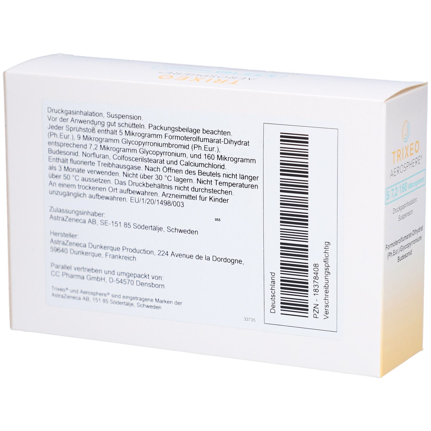 Rückseite der weißen Faltschachtel mit Text. Barcode und weitere Informationen. Hersteller- und Zulassungsangaben.