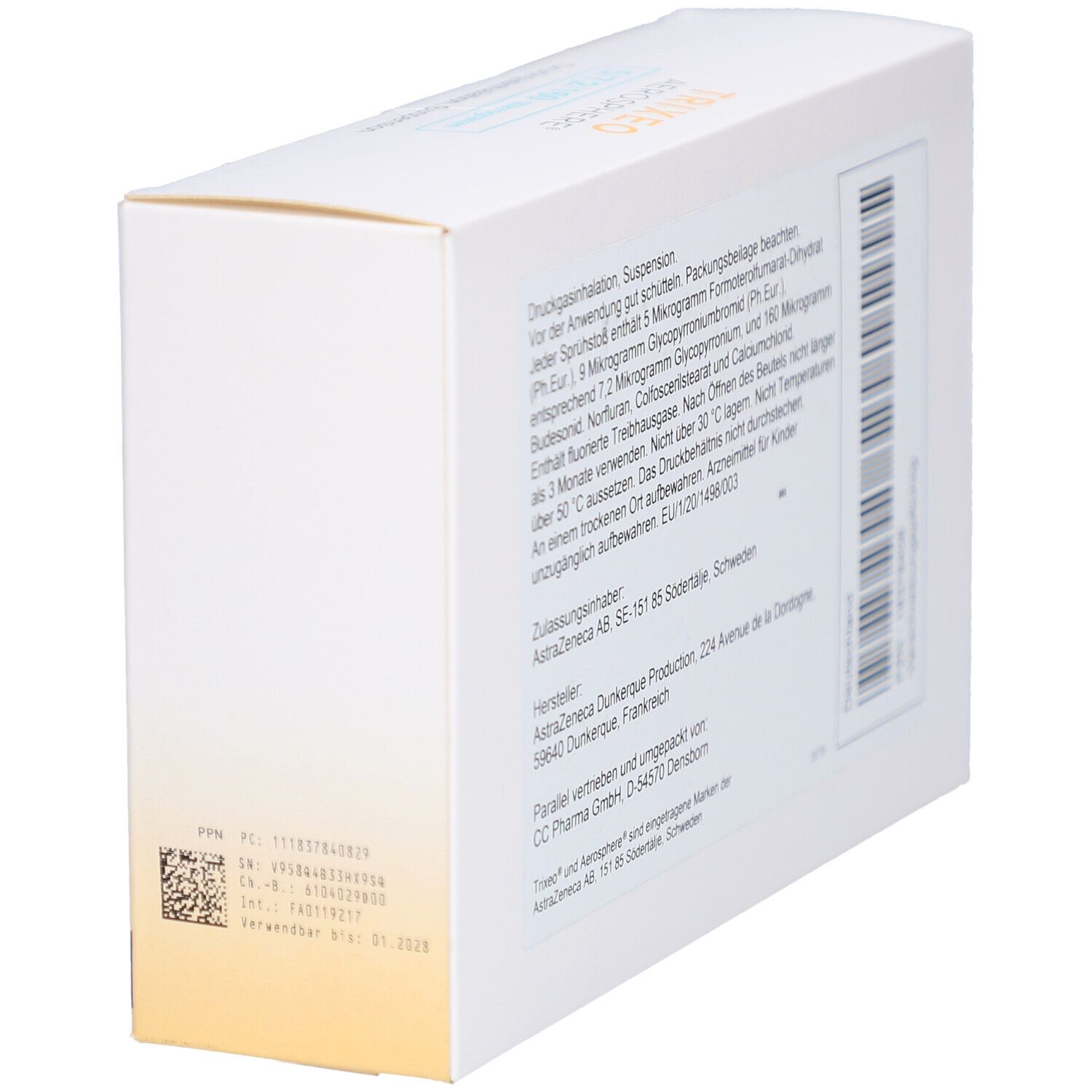 Seitenansicht der weißen Faltschachtel. Text und Barcode. Hersteller- und Zulassungsangaben.