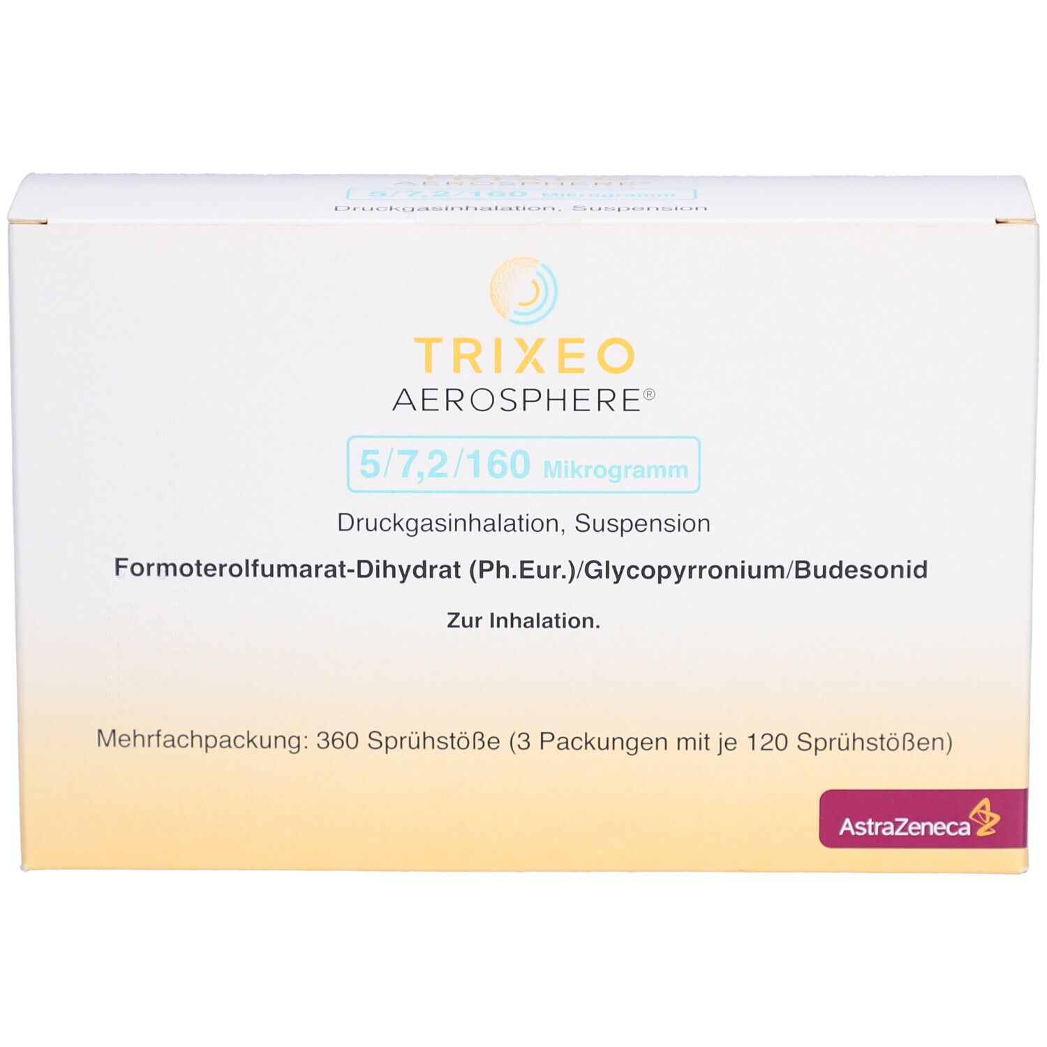 Weiße Faltschachtel mit Produktnamen und Dosierung. Aufdrucke: TRIXEO Aerosphere, 5/7,2/160 Mikrogramm, Druckgasinhalation, Suspension. AstraZeneca Logo.