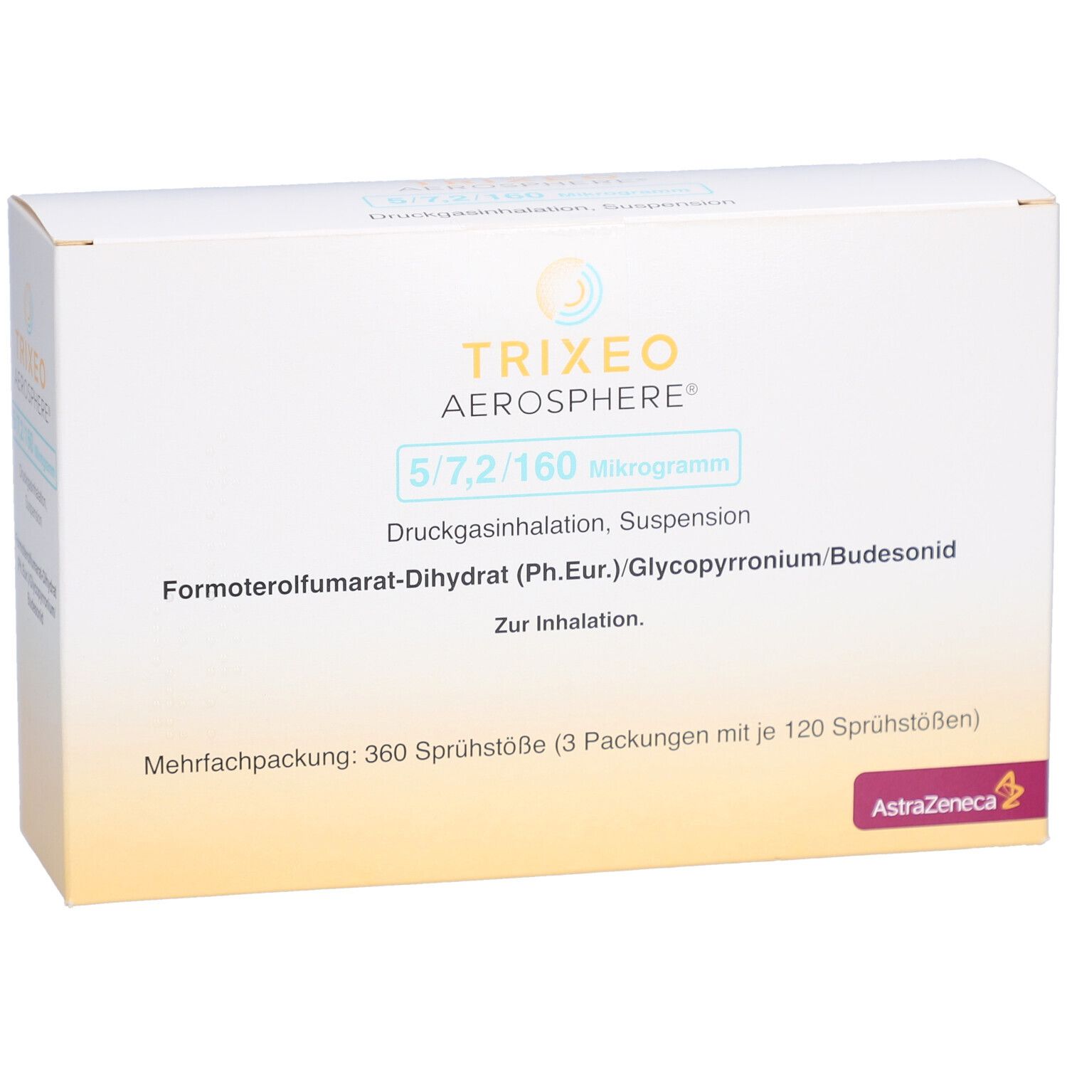 Weiße Faltschachtel mit Produktnamen und Dosierung. Aufdrucke: TRIXEO Aerosphere, 5/7,2/160 Mikrogramm, Druckgasinhalation, Suspension. AstraZeneca Logo.