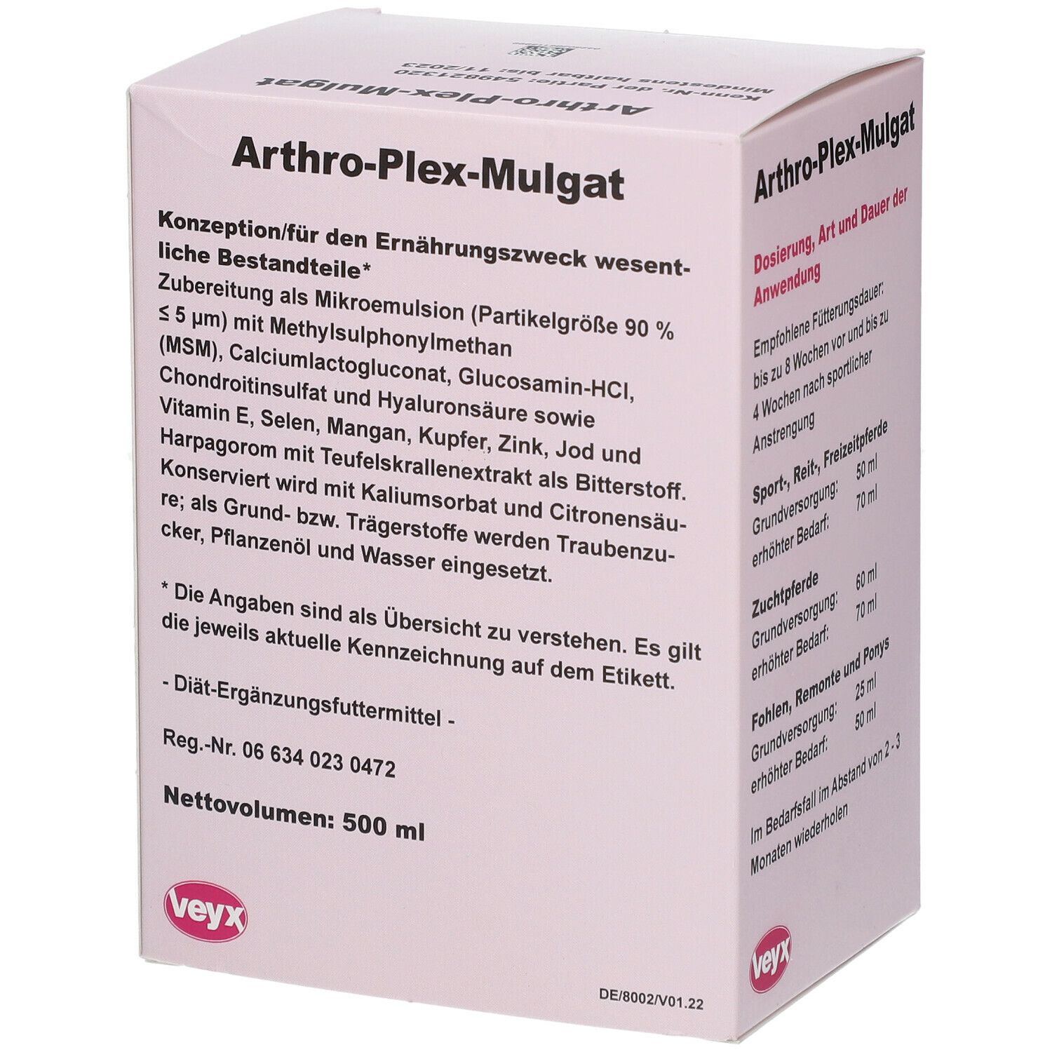 Rosa-weiße Schachtel mit Produktnamen. Text: Arthro-Plex-Mulgat, VeyFo HorseCur. Konzeption für den Ernährungszweck wesentliche Bestandteile. Nettovolumen: 500 ml.