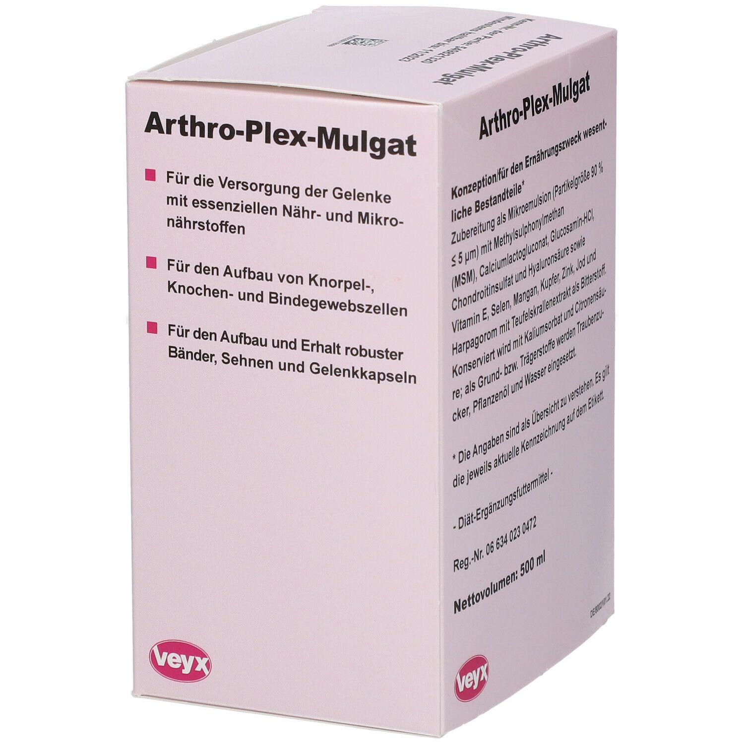 Rosa-weiße Schachtel mit Produktnamen. Text: Arthro-Plex-Mulgat, VeyFo HorseCur. Für die Versorgung der Gelenke mit essentiellen Nähr- und Mikro-Nährstoffen.