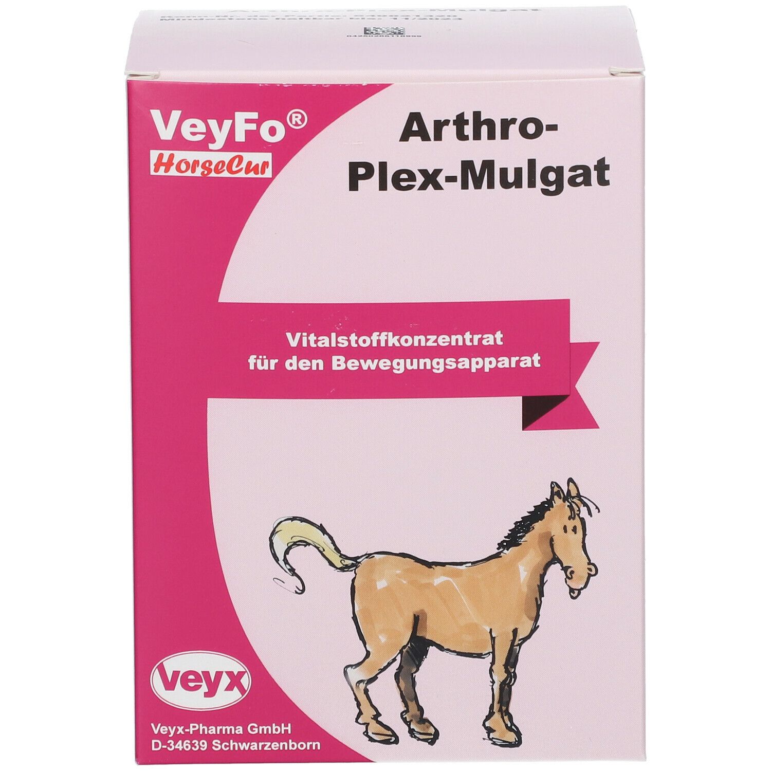 Rosa-weiße Schachtel mit Produktnamen und Pferdezeichnung. Text: Arthro-Plex-Mulgat, VeyFo HorseCur. Vitalstoffkonzentrat für den Bewegungsapparat.