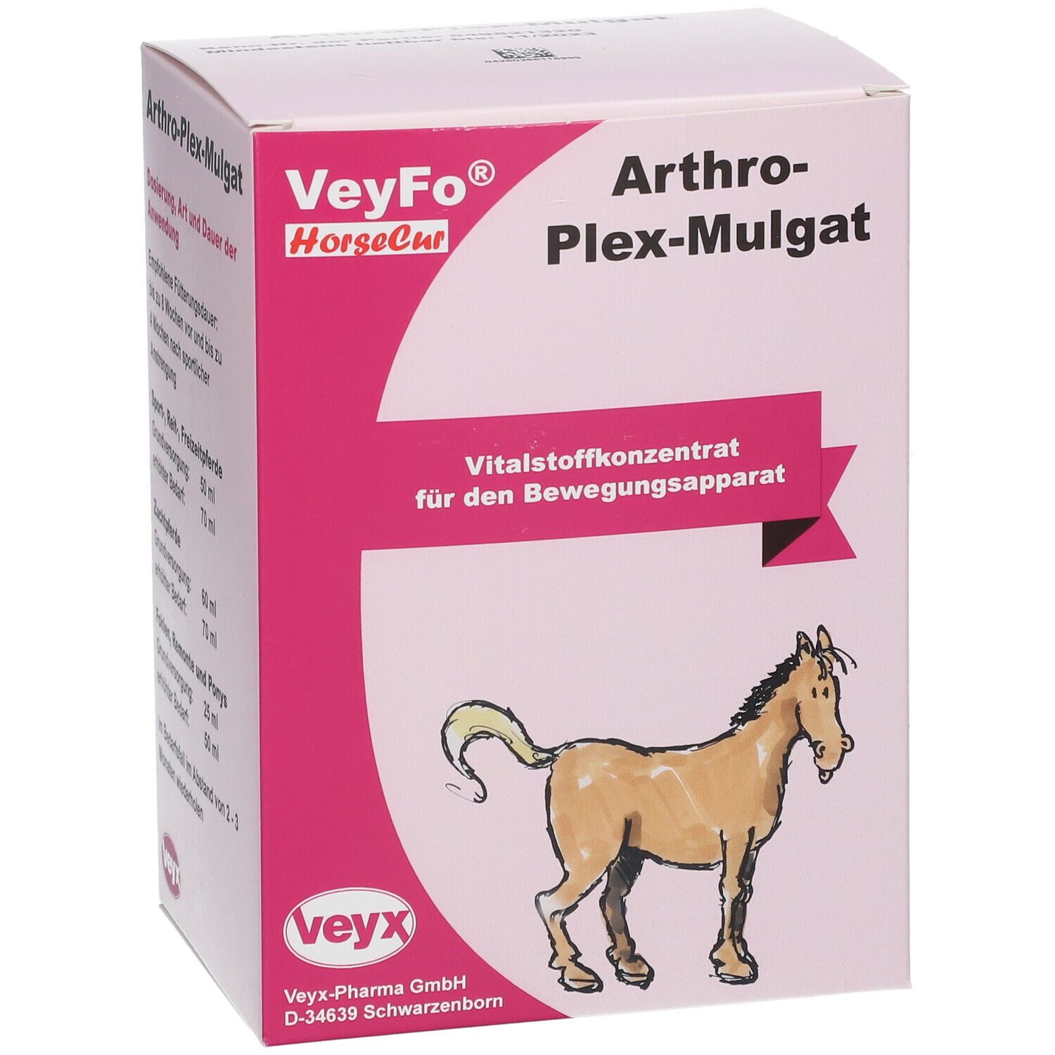 Rosa-weiße Schachtel mit Produktnamen und Pferdezeichnung. Text: Arthro-Plex-Mulgat, VeyFo HorseCur. Vitalstoffkonzentrat für den Bewegungsapparat.