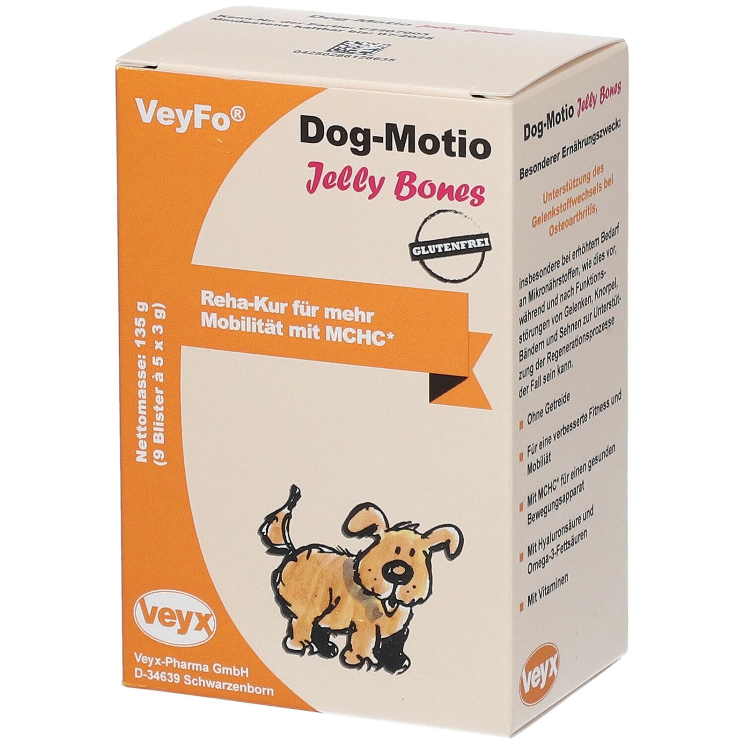 Verpackung von VeyFo Dog-Motio Jelly Bones. Orange-weiß, mit Produktnamen, Hund-Illustration und Glutenfrei-Siegel.