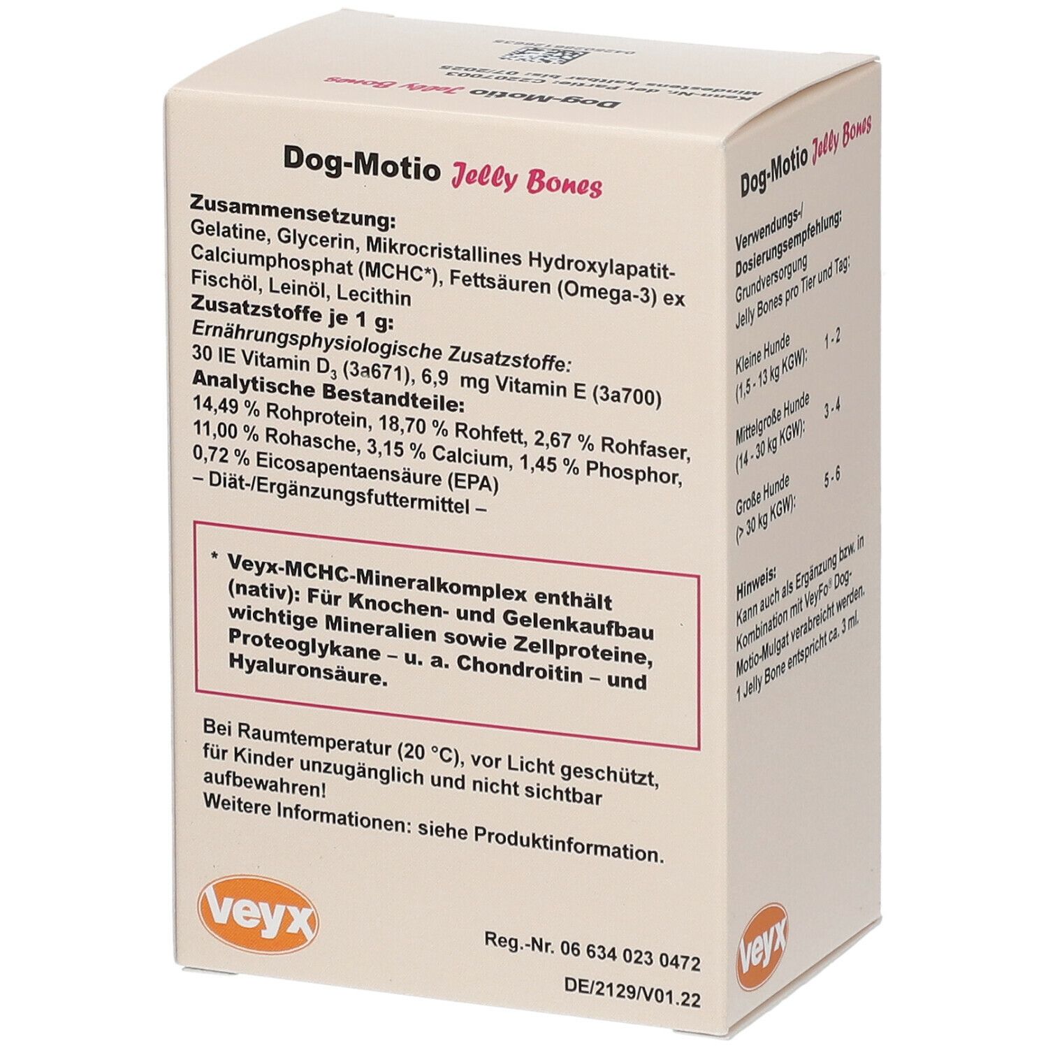 Verpackung von VeyFo Dog-Motio Jelly Bones. Enthält Inhaltsstoffe und analytische Bestandteile.