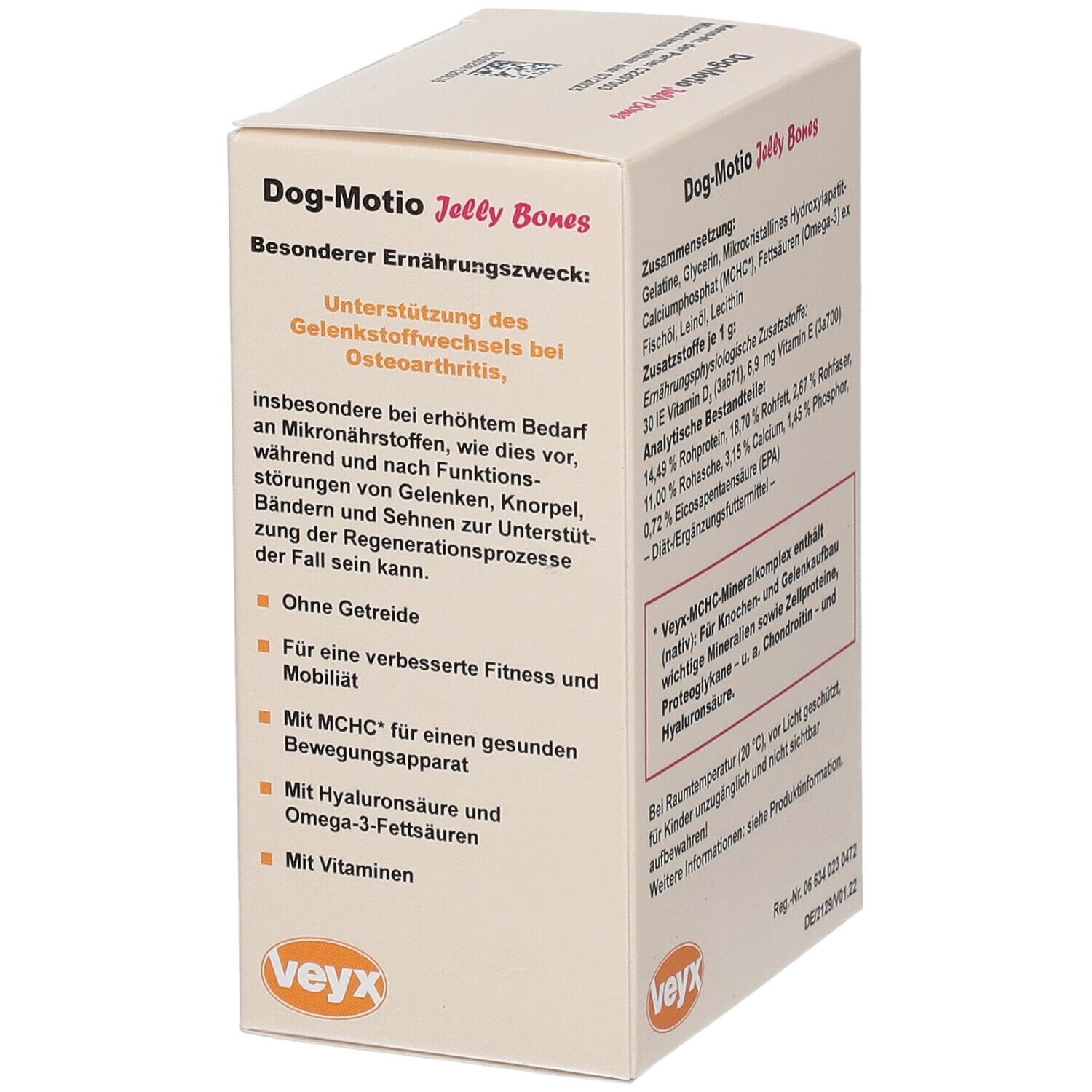 Verpackung von VeyFo Dog-Motio Jelly Bones. Beschreibt den besonderen Ernährungszweck des Produkts.