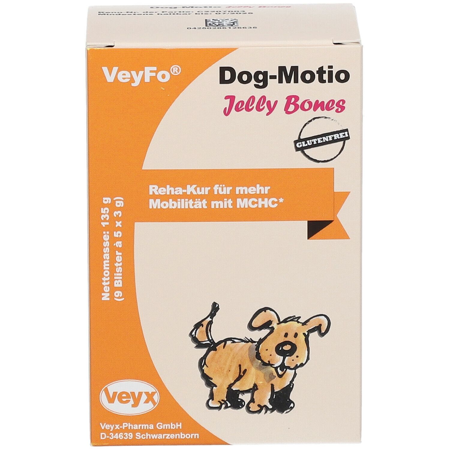 VeyFo Dog-Motio Jelly Bones Verpackung. Orange-weiß, mit Produktnamen, Hund-Illustration und Glutenfrei-Siegel.