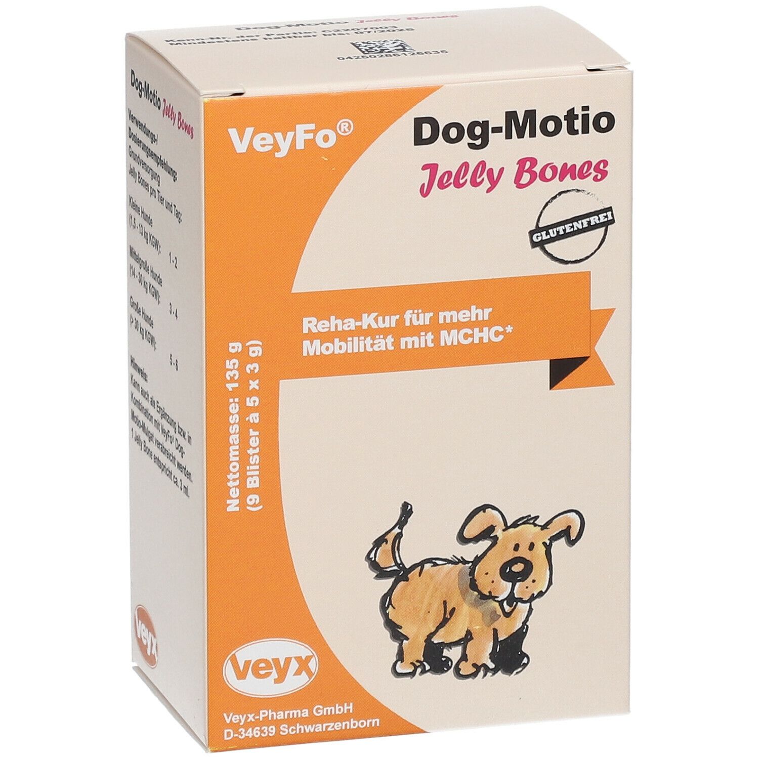 VeyFo Dog-Motio Jelly Bones Verpackung. Orange-weiß, mit Produktnamen, Hund-Illustration und Glutenfrei-Siegel.