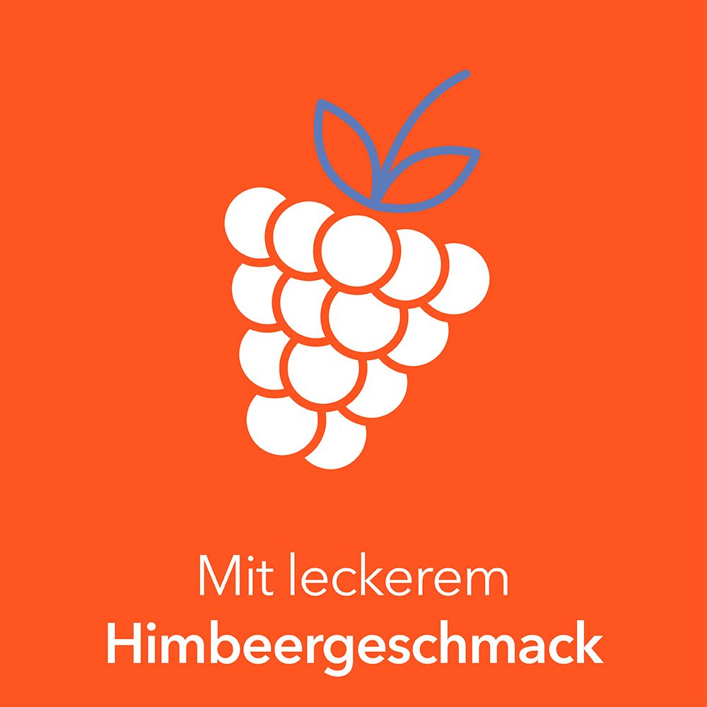 Himbeere-Symbol. Text: Mit leckerem Himbeergeschmack.
