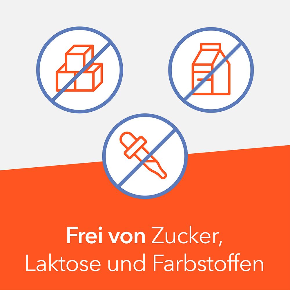 Symbole für Zucker, Laktose und Farbstoffe mit einem Durchstreich-Symbol. Text: Frei von Zucker, Laktose und Farbstoffen.