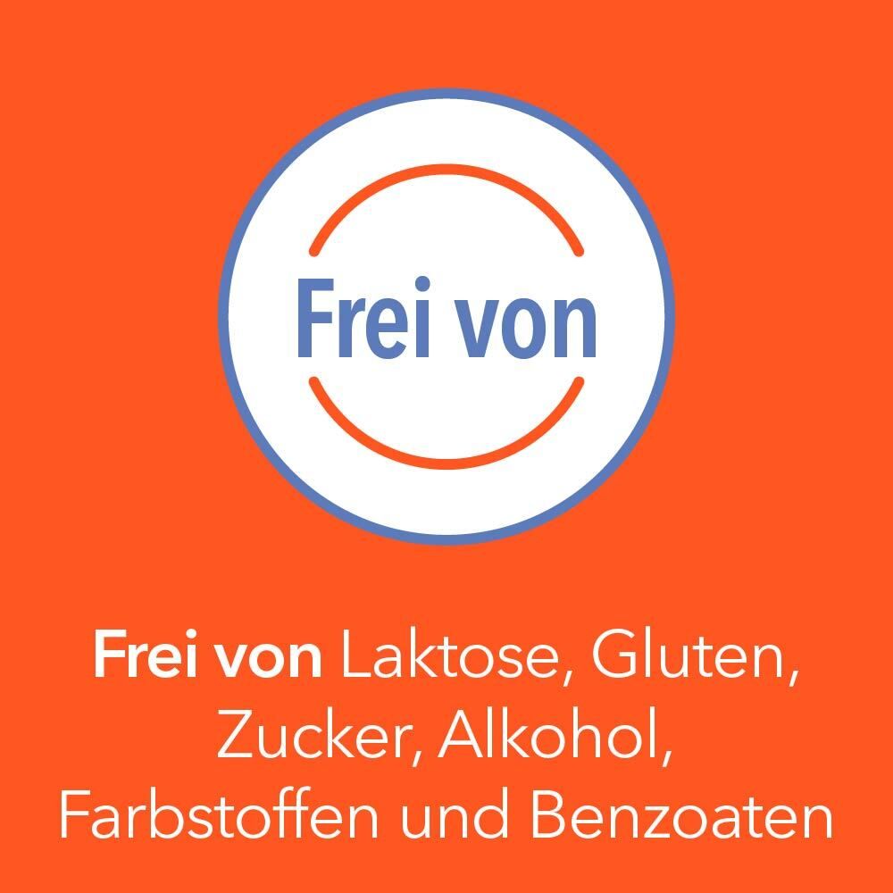 Kreis mit Text: Frei von Laktose, Gluten, Zucker, Alkohol, Farbstoffen und Benzoaten.