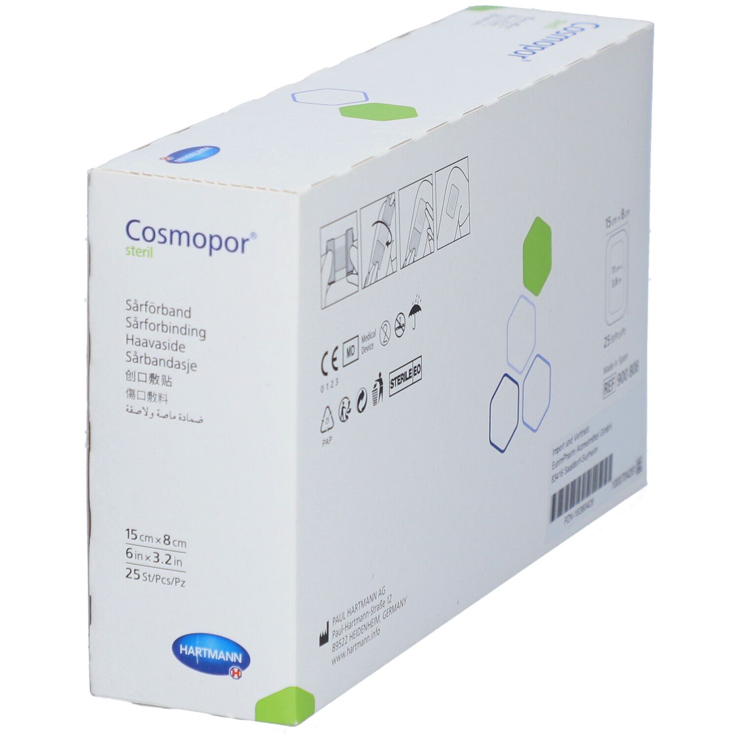 Cosmopor steril Wundverband, 15x8 cm, 25 Stück, mit Anwendungshinweisen