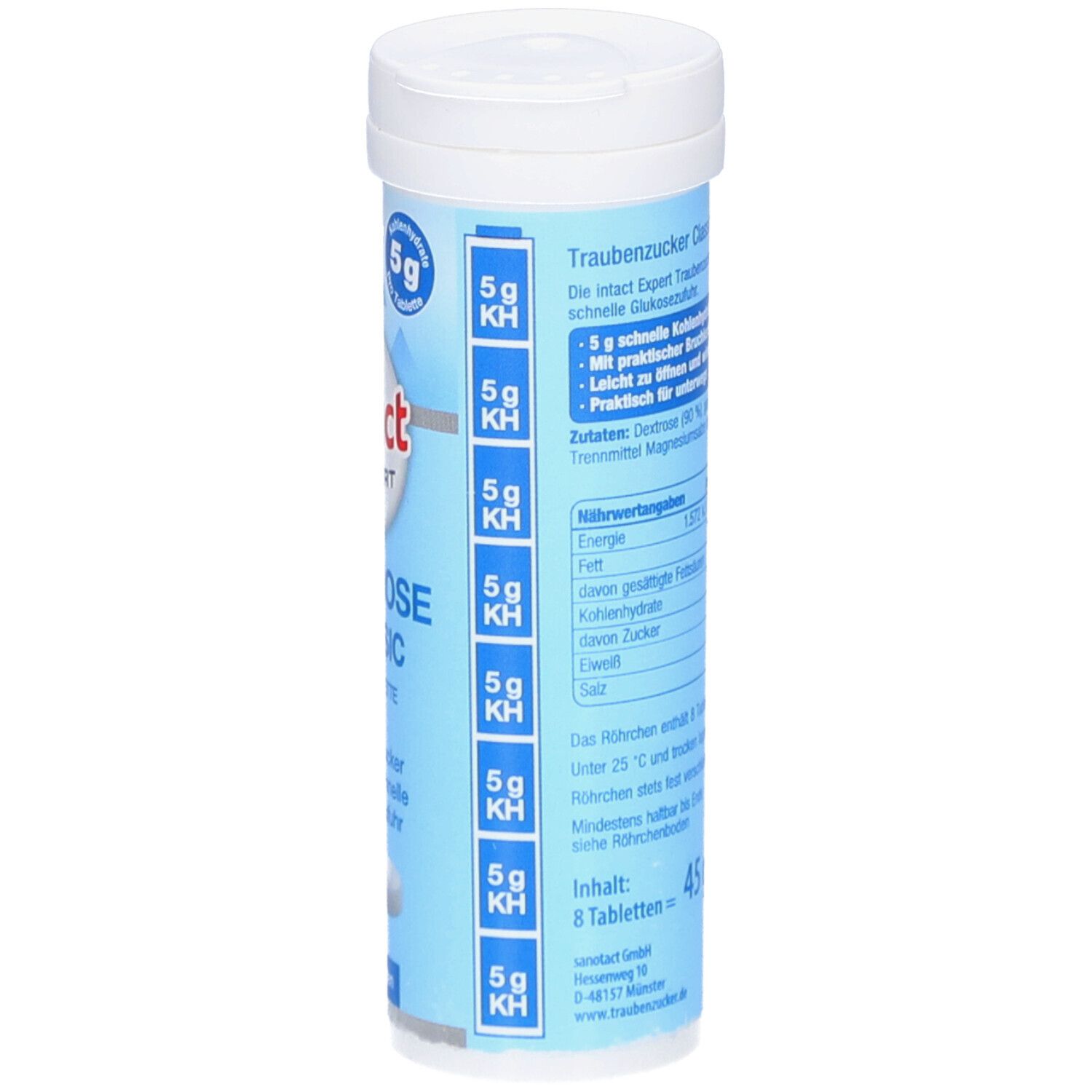 Zylinderförmige Verpackung mit Nährwertangaben und Inhaltsstoffen. Enthält "intact EXPERT Dextrose Classic Kautabletten". Inhalt: 8 Tabletten.