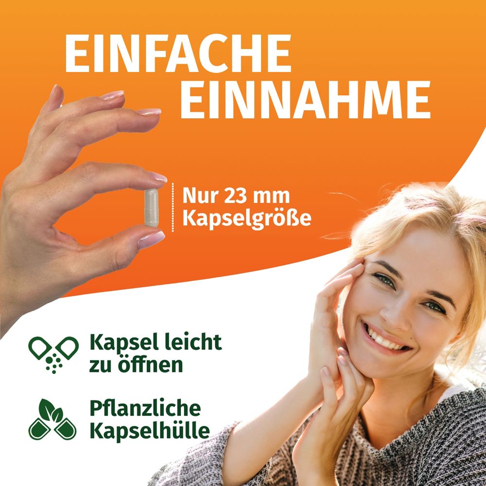 Hand zeigt eine Kapselgröße von 23 mm, pflanzliche Kapselhülle.