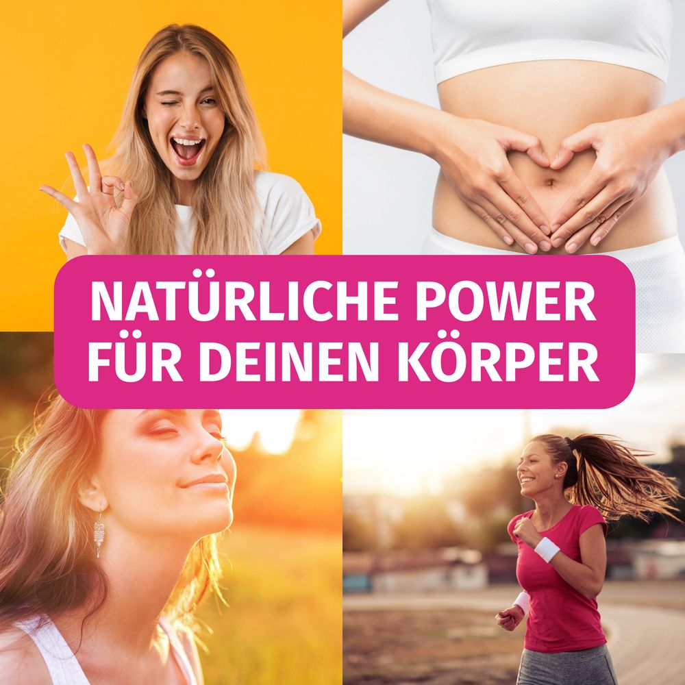 Collage mit vier Bildern. Text: NATÜRLICHE POWER FÜR DEINEN KÖRPER. Frauen lächeln, halten Hände auf Bauch, joggen.
