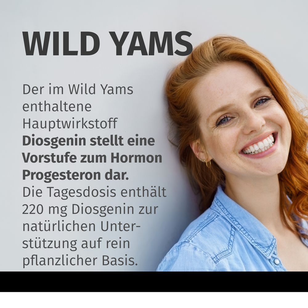 Frau lächelt. Text: WILD YAMS. Diosgenin stellt eine Vorstufe zum Hormon Progesteron dar. 220 mg Diosgenin.