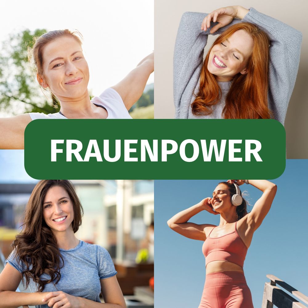 Collage von vier Frauen. Aufschrift: FRAUENPOWER.