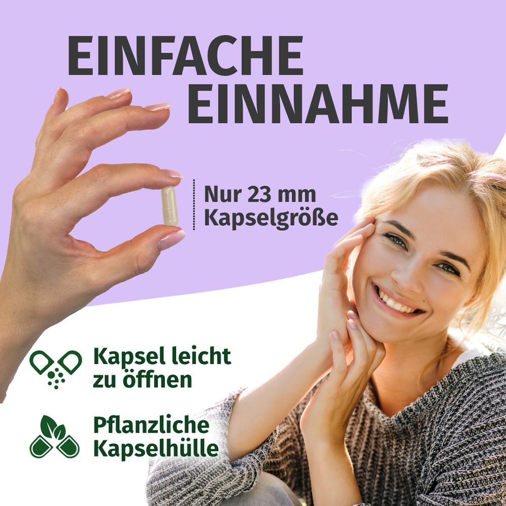 Frau mit Kapsel. Aufschrift: EINFACHE EINNAHME, 23 mm Kapselgröße, pflanzliche Kapselhülle.