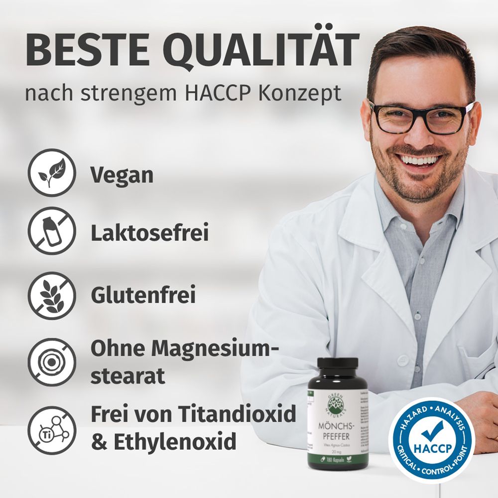 Mann im weißen Kittel mit Brille. Text: Beste Qualität nach HACCP Konzept. Vegan, laktosefrei, glutenfrei.