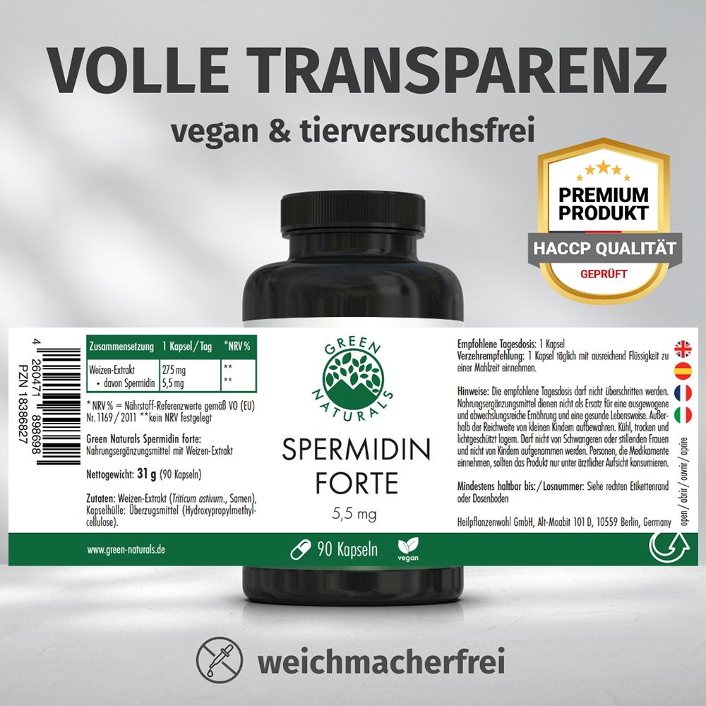 Flasche mit Etikett: GREEN NATURALS Spermidin Forte, 5,5 mg, 90 Kapseln. Premium Produkt, HACCP Qualität.