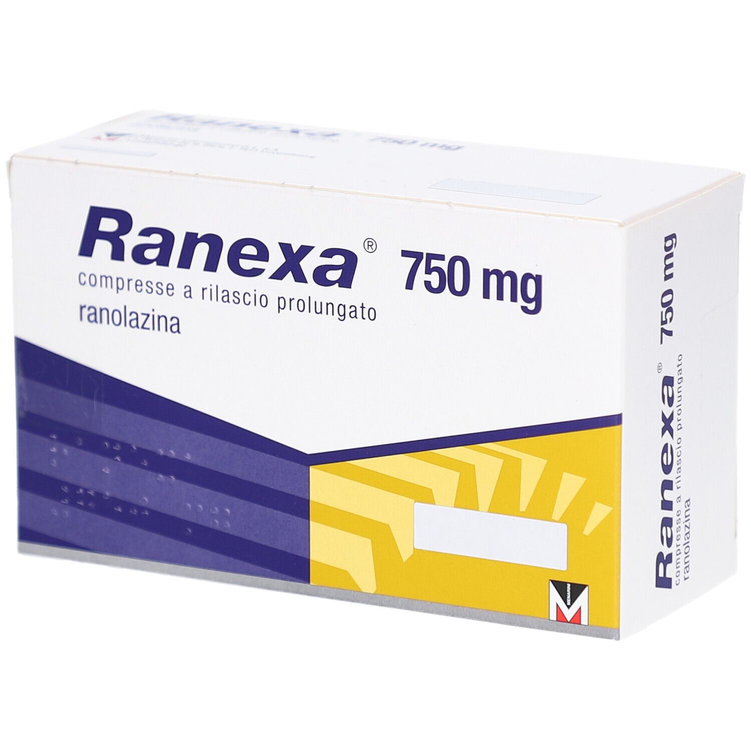 Schachtel mit RANEXA 750 mg Retardtabletten. Weiß, blau und gelb. Schriftzug: Ranexa 750 mg, compresse a rilascio prolungato, ranolazina.