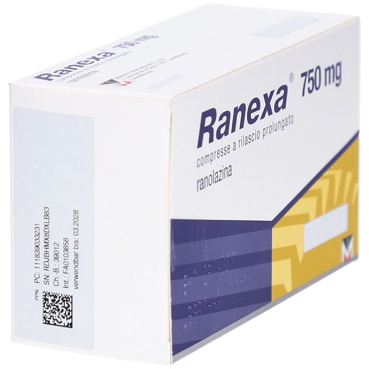 Schachtel mit RANEXA 750 mg Retardtabletten. Weiße Verpackung. Schriftzug: Ranexa 750 mg, compresse a rilascio prolungato, ranolazina. Barcode und weitere Informationen.