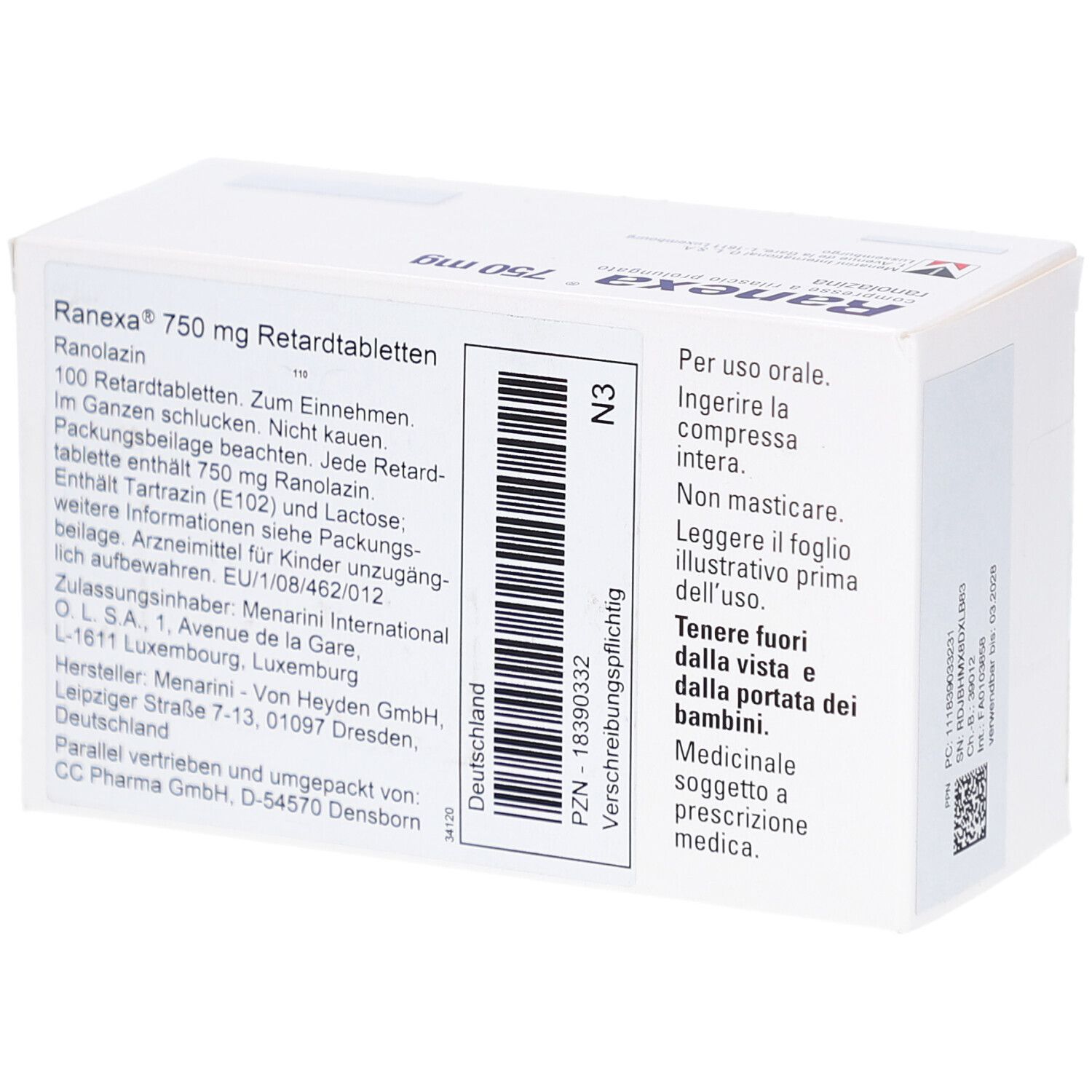 Schachtel mit RANEXA 750 mg Retardtabletten. Rückseite mit Text. Schriftzug: Ranexa 750 mg Retardtabletten, Ranolazin. Barcode und weitere Informationen.