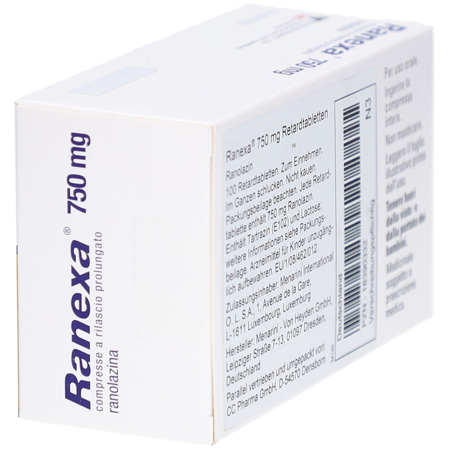 Schachtel mit RANEXA 750 mg Retardtabletten. Rückseite mit Text. Schriftzug: Ranexa 750 mg Retardtabletten, Ranolazin. Barcode und weitere Informationen.