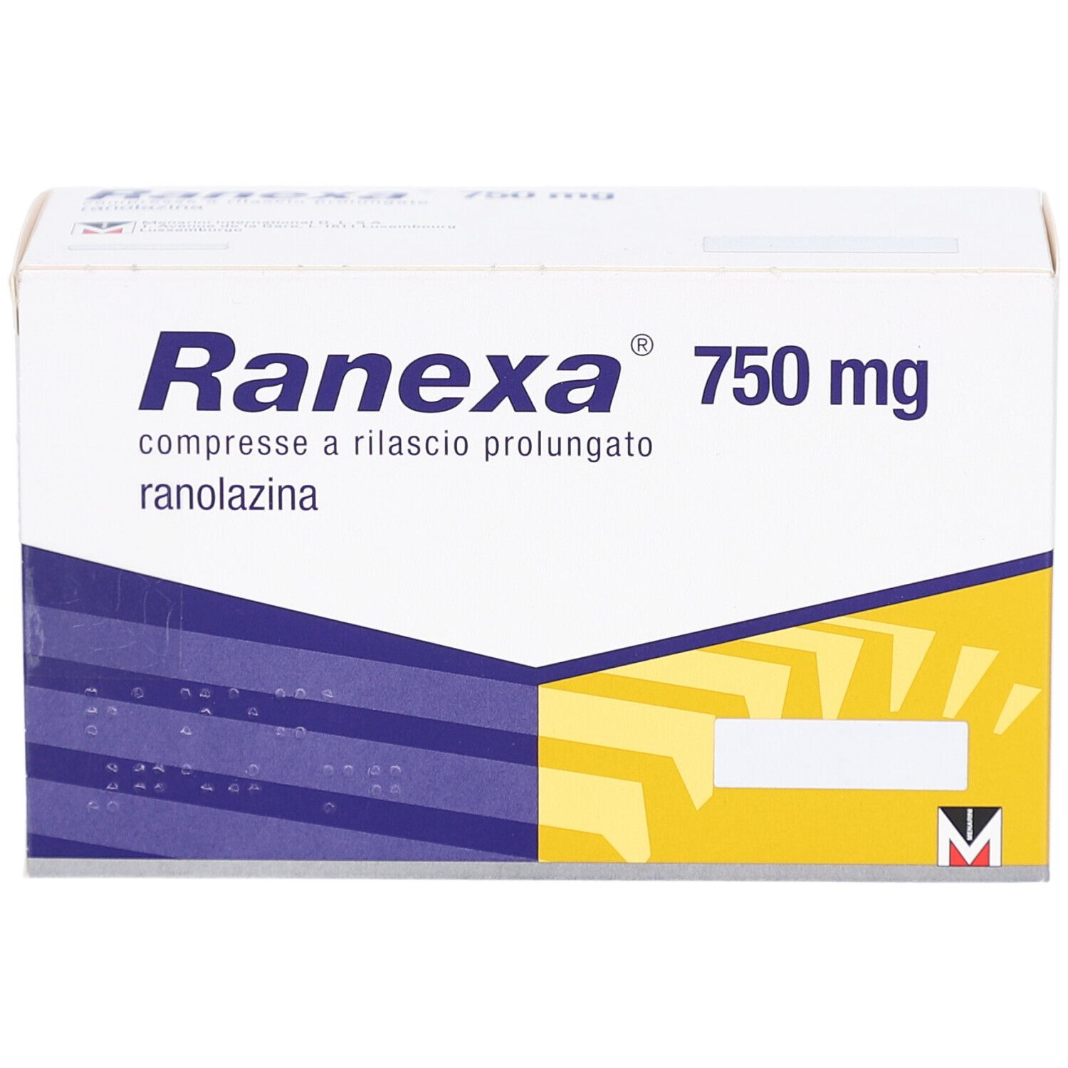 Schachtel mit RANEXA 750 mg Retardtabletten. Weiße Verpackung. Schriftzug: Ranexa 750 mg, compresse a rilascio prolungato, ranolazina.