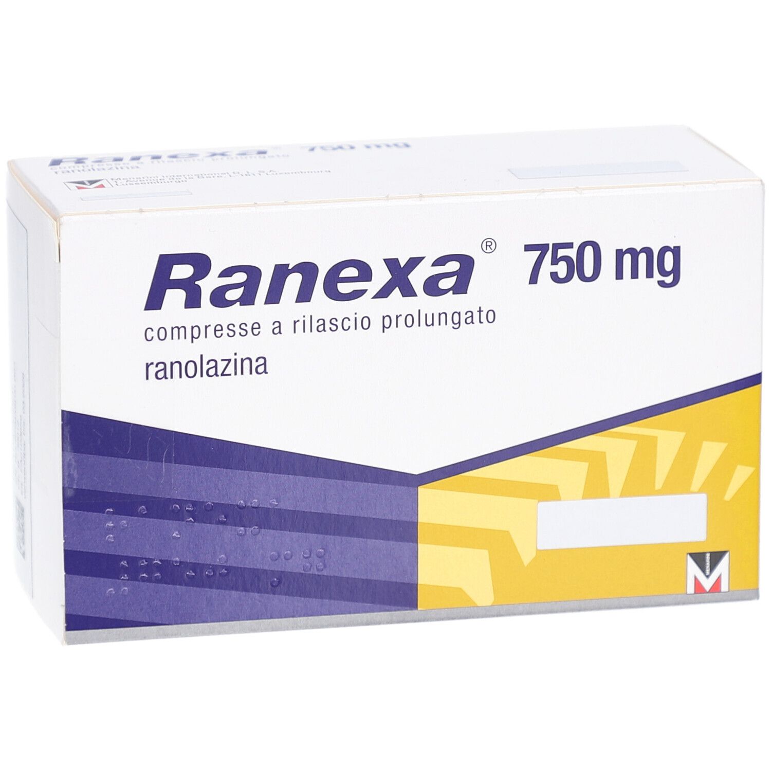 Schachtel mit RANEXA 750 mg Retardtabletten. Weiße Verpackung. Schriftzug: Ranexa 750 mg, compresse a rilascio prolungato, ranolazina.