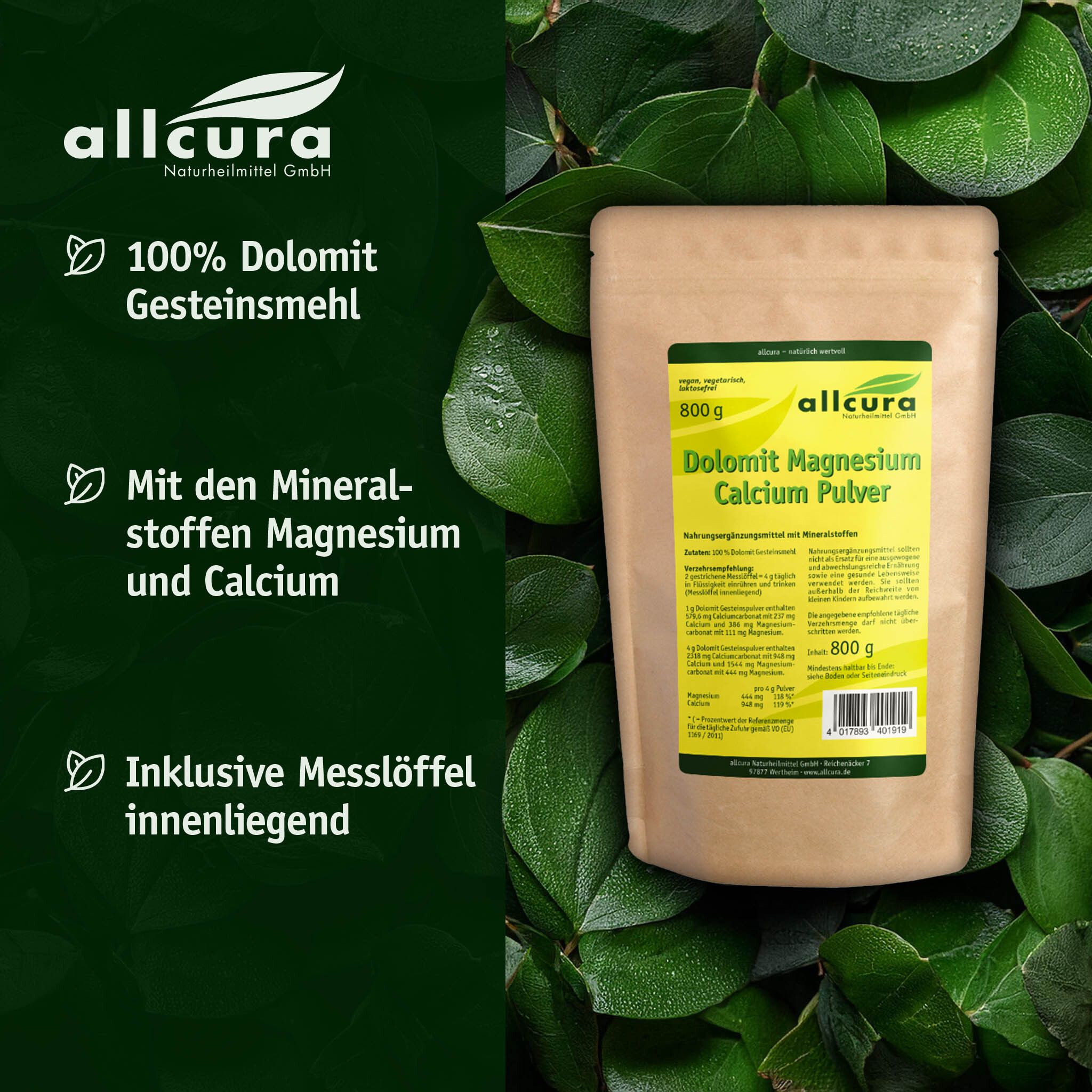 Beutel "allcura Dolomit Magnesium Calcium Pulver" vor Blättern. Text: 100% Dolomit, Mineralstoffe, Messlöffel. 800g.