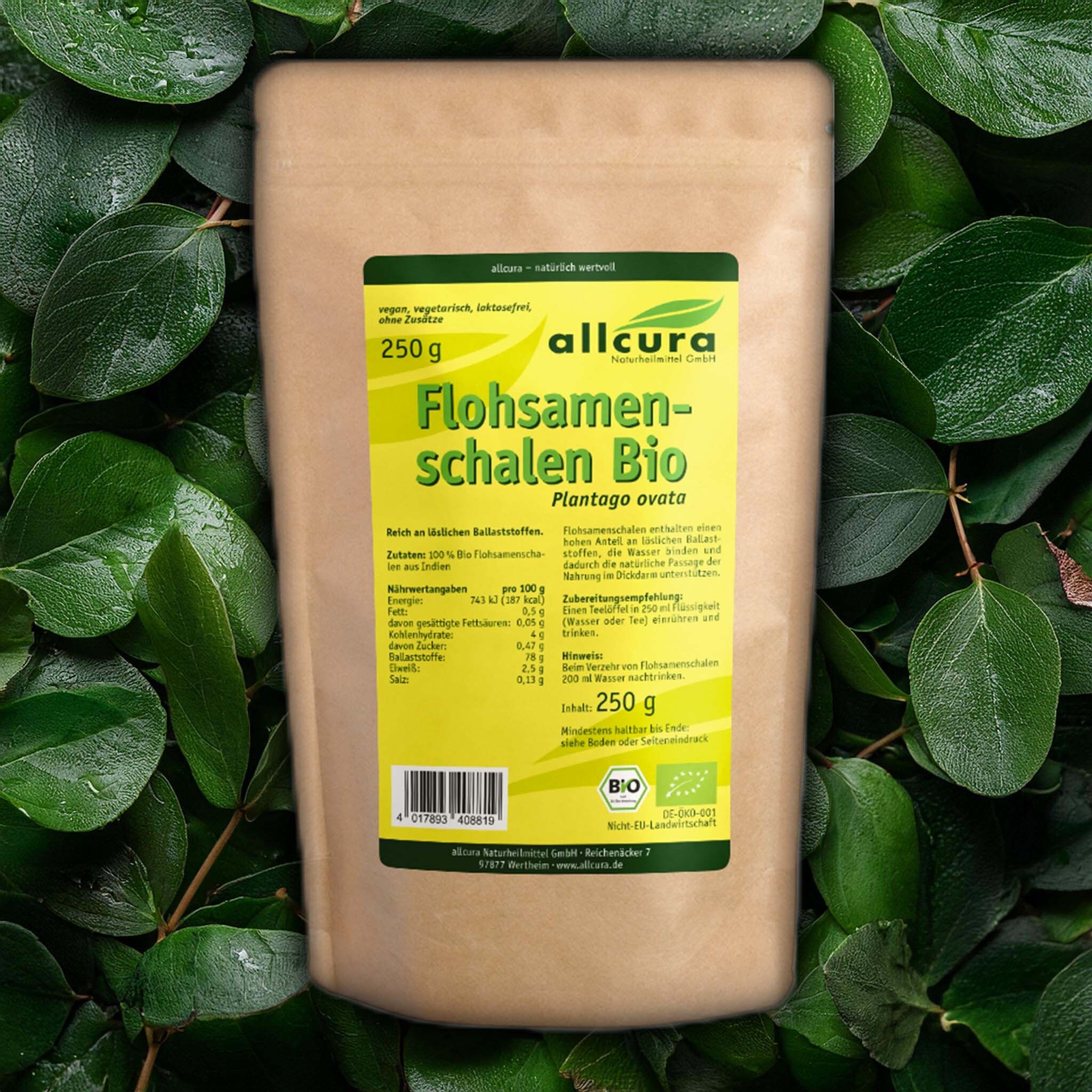 Produktverpackung von allcura Flohsamenschalen Bio. Brauner Beutel vor grünem Blätterhintergrund. Bio-Siegel. 250g Packung.