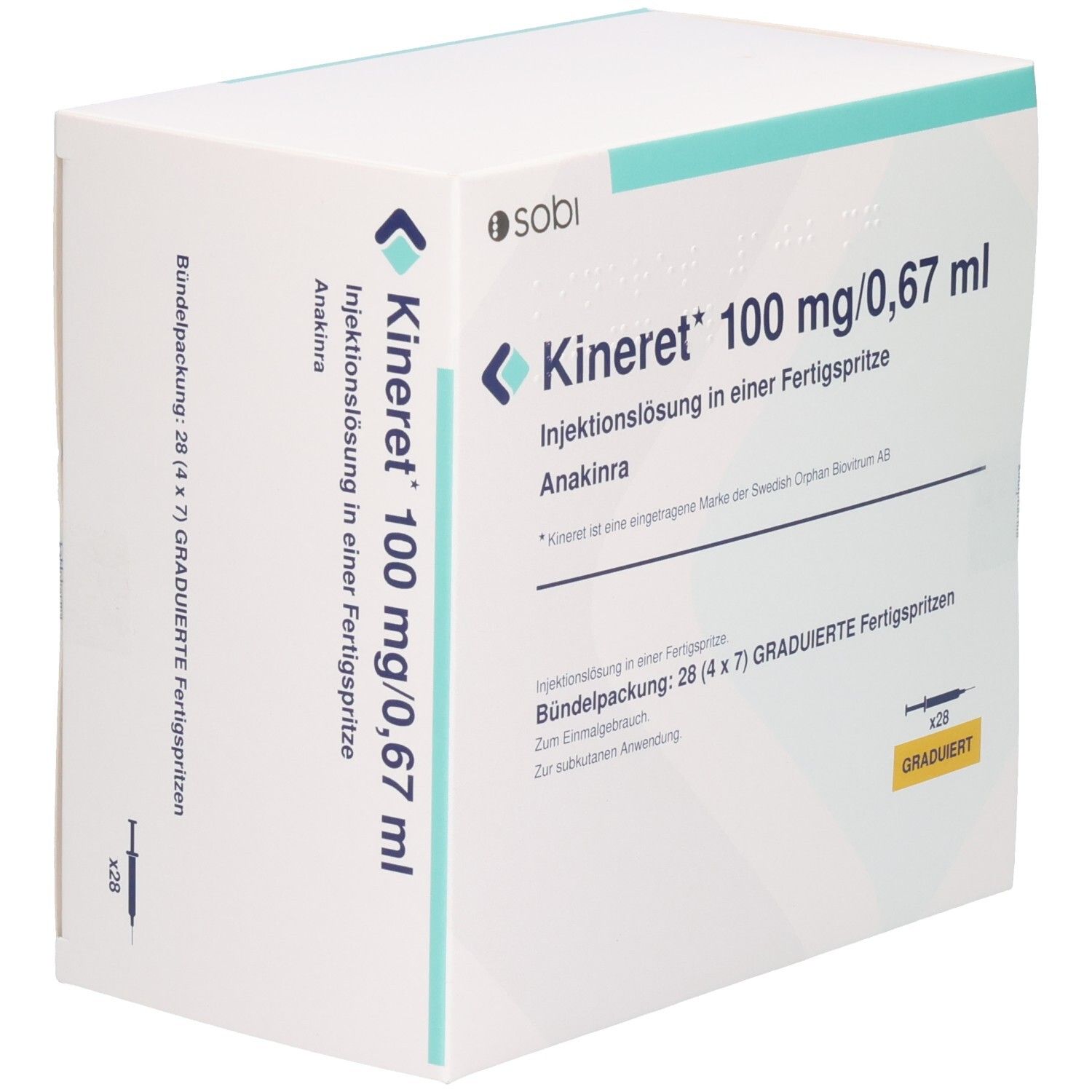 Karton mit Produktinformationen. Beschriftung: Kineret 100 mg/0,67 ml Injektionslösung in Fertigspritze. Packung mit 28 Fertigspritzen.