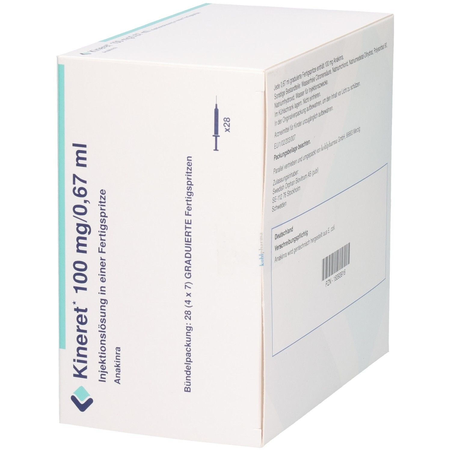 Produktverpackung mit Beschriftung: Kineret 100 mg/0,67 ml Injektionslösung in Fertigspritze. Packung mit 28 Fertigspritzen.