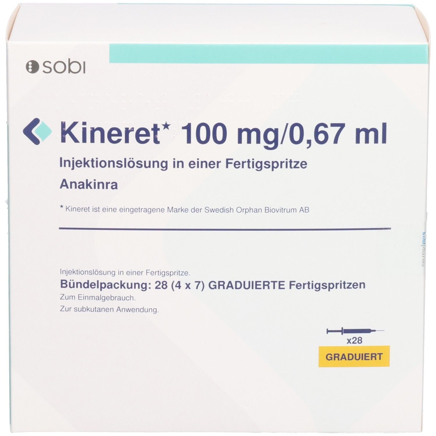Karton mit Produktinformationen. Beschriftung: Kineret 100 mg/0,67 ml Injektionslösung in Fertigspritze. Packung mit 28 Fertigspritzen.