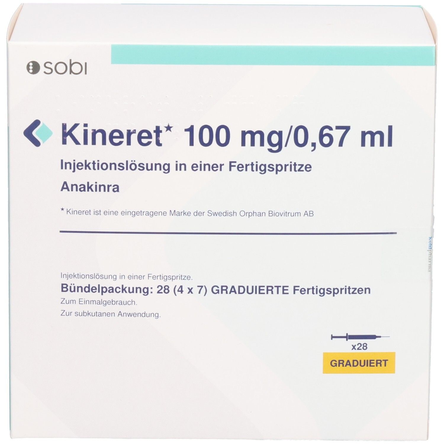 Karton mit Produktinformationen. Beschriftung: Kineret 100 mg/0,67 ml Injektionslösung in Fertigspritze. Packung mit 28 Fertigspritzen.
