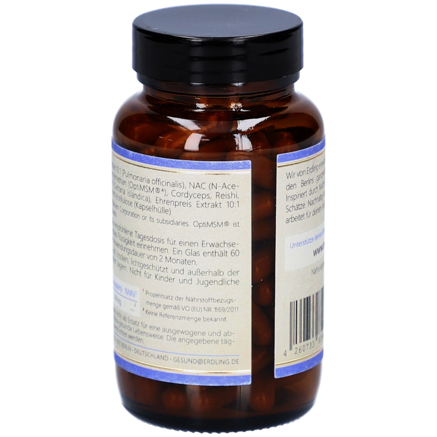 Braune Glasflasche mit schwarzem Deckel. Etikett mit Zutatenliste und Text. Kapseln sichtbar.