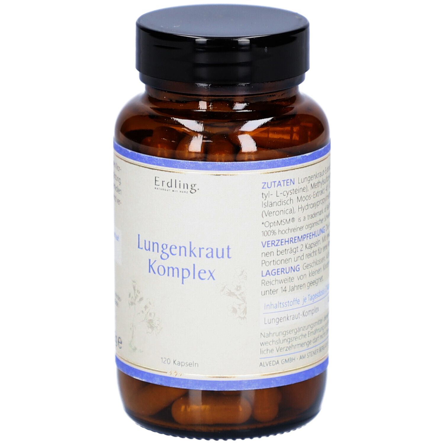 Braune Glasflasche mit schwarzem Deckel. Etikett mit Produktnamen und Text. 120 Kapseln.