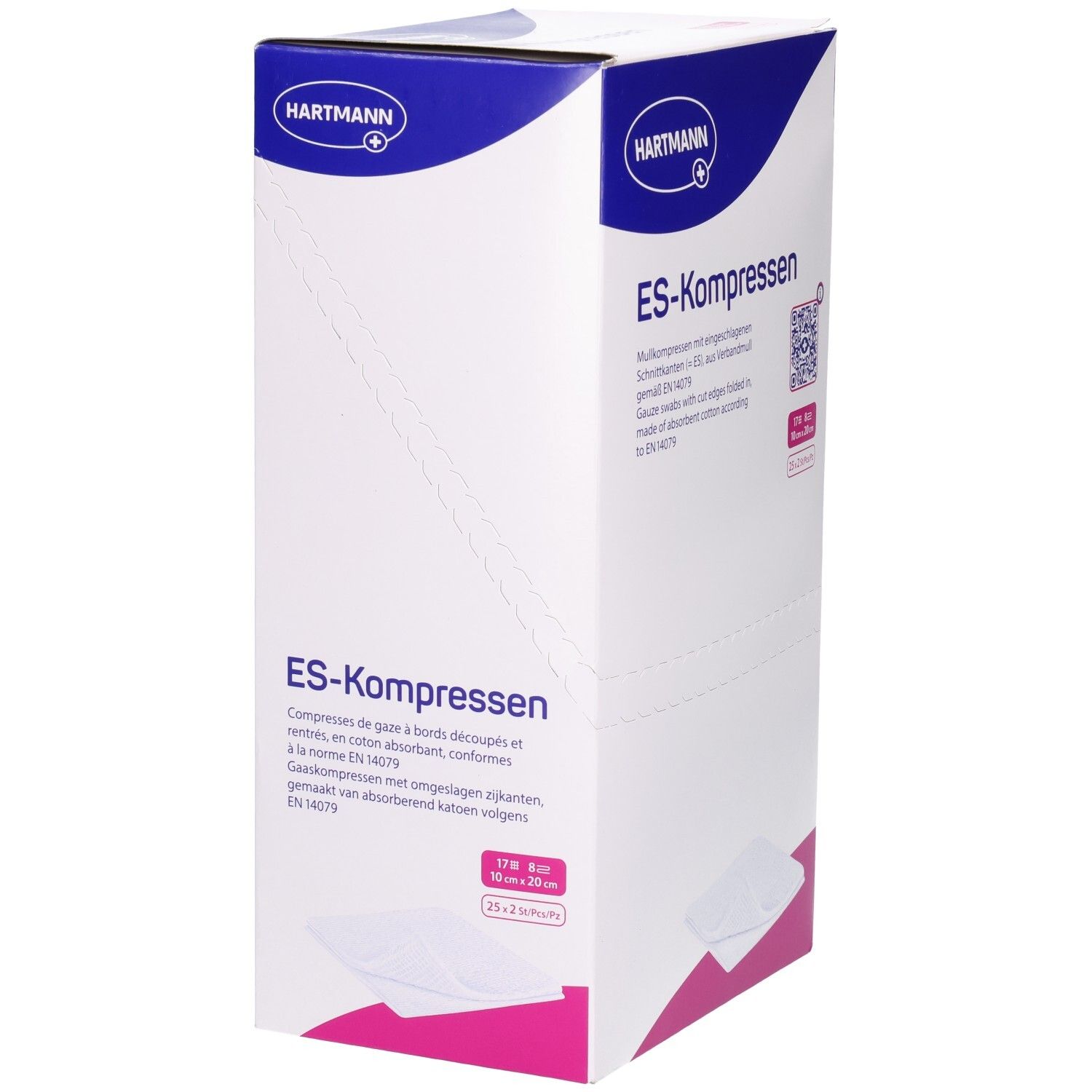 Hartmann ES-Kompressen-Verpackung. Aufdrucke: ES-Kompressen, Größenangabe 10x20cm, QR-Code. Mehrsprachige Produktbeschreibung.