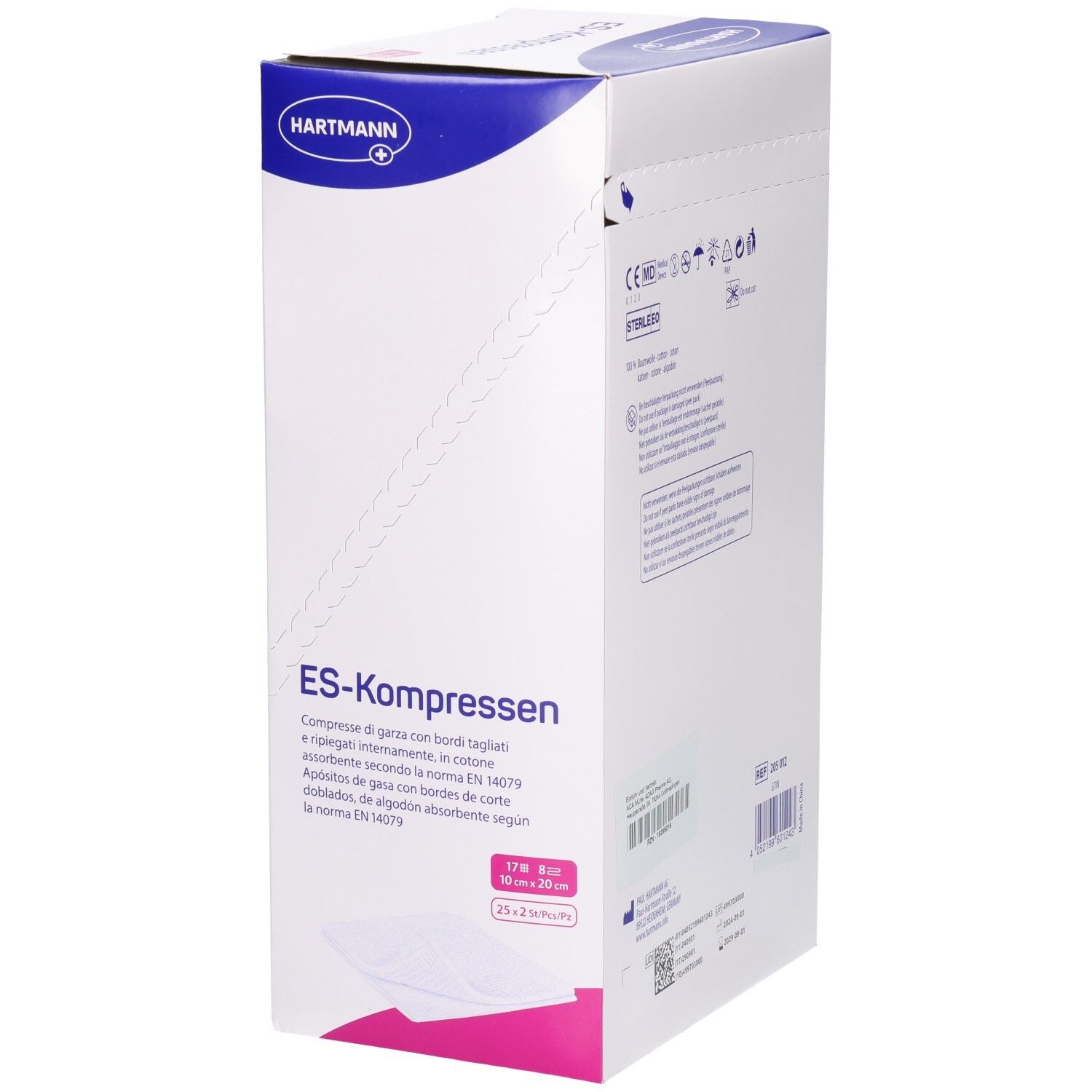 Hartmann ES-Kompressen-Verpackung. Aufdrucke: ES-Kompressen, Größenangabe 10x20cm, QR-Code. Mehrsprachige Produktbeschreibung.