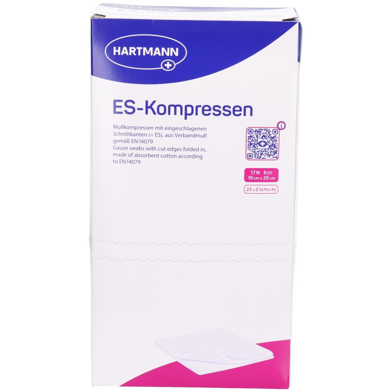 Hartmann ES-Kompressen-Verpackung. Aufdrucke: ES-Kompressen, Größenangabe 10x20cm, QR-Code. Mehrsprachige Produktbeschreibung.