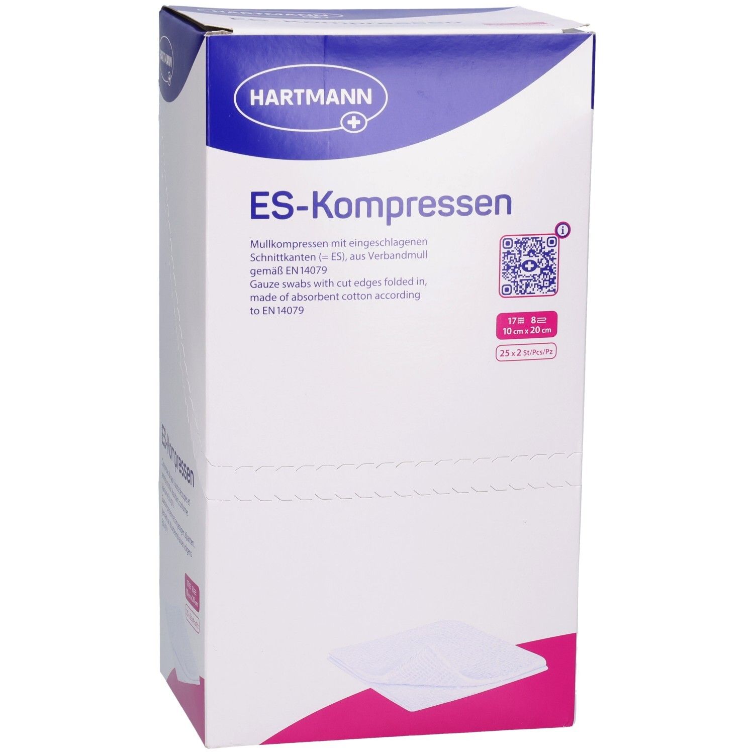 Hartmann ES-Kompressen-Verpackung. Aufdrucke: ES-Kompressen, Größenangabe 10x20cm, QR-Code. Mehrsprachige Produktbeschreibung.
