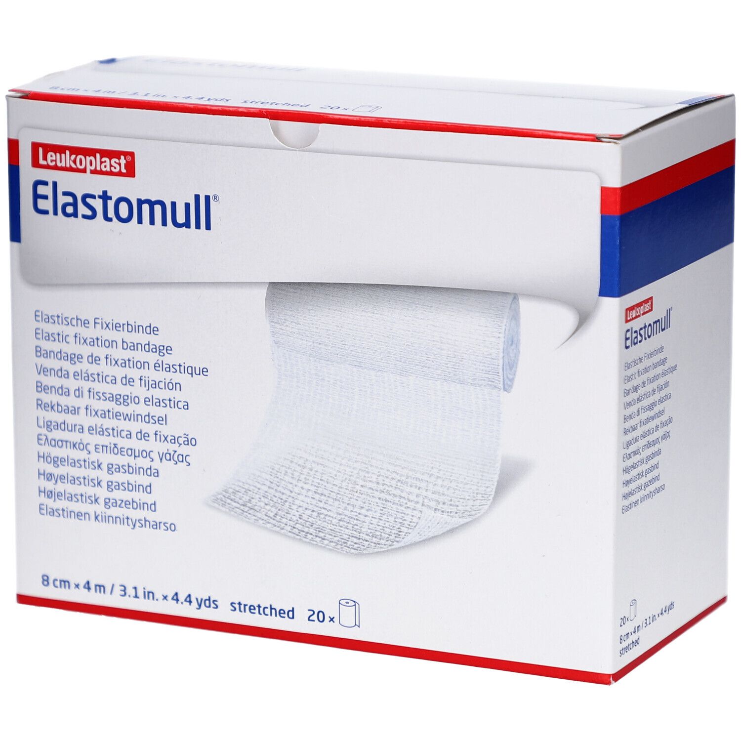 Elastomull Fixierbinde in Verpackung. Weißes, gerolltes Verbandmaterial. Aufdrucke: Leukoplast, Elastomull, 8 cm x 4 m.