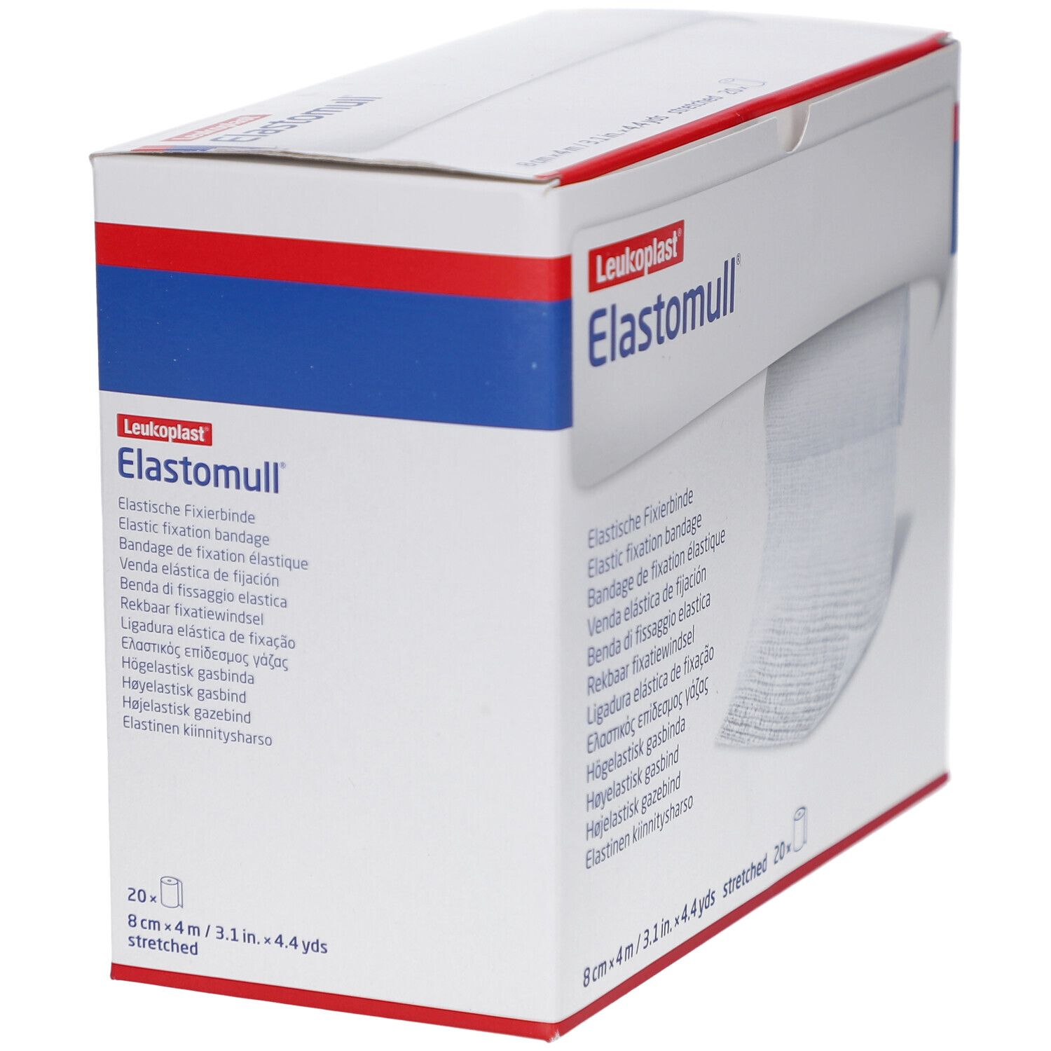 Elastomull-Verpackung. Weißes, gerolltes Verbandmaterial. Aufdrucke: Leukoplast, Elastomull, 8 cm x 4 m.
