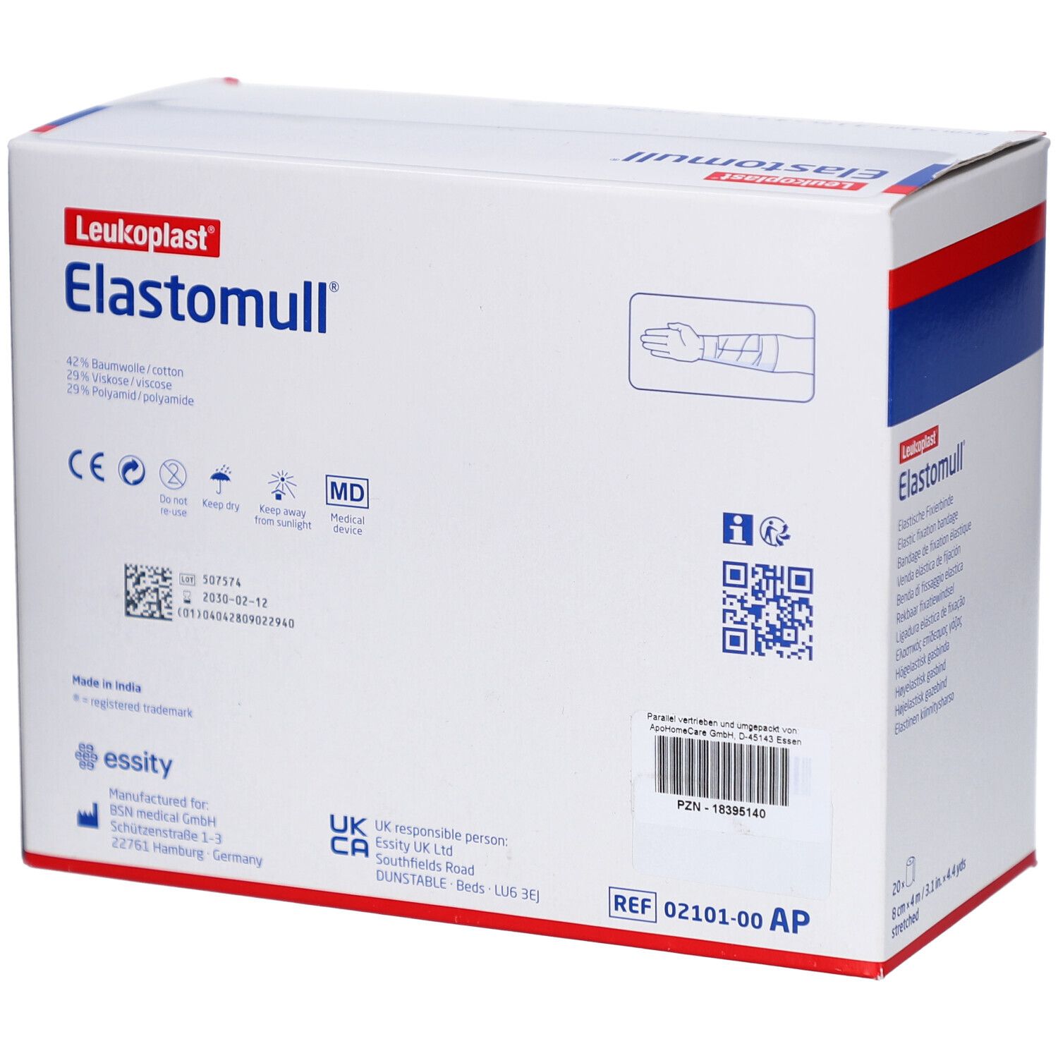 Elastomull-Verpackung. Aufdrucke: Leukoplast, Elastomull, Inhaltsangaben, Medizinprodukt-Kennzeichnung, QR-Code.