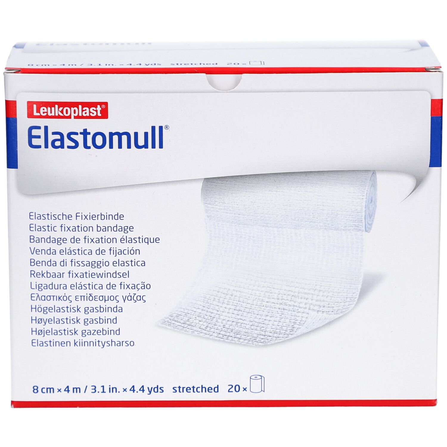 Elastomull Fixierbinde in Verpackung. Weißes, gerolltes Verbandmaterial. Aufdrucke: Leukoplast, Elastomull, 8 cm x 4 m.