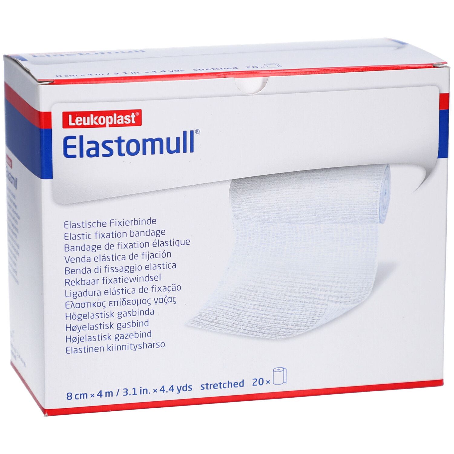 Elastomull Fixierbinde in Verpackung. Weißes, gerolltes Verbandmaterial. Aufdrucke: Leukoplast, Elastomull, 8 cm x 4 m.