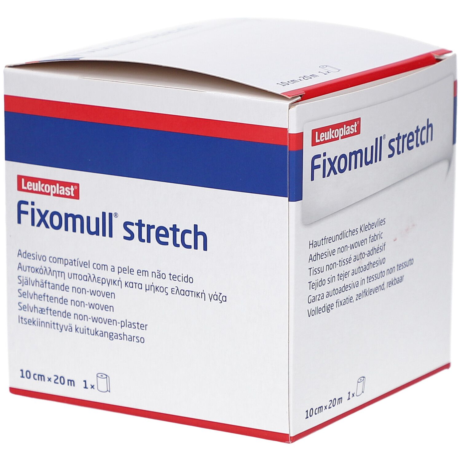 Karton mit Aufschrift Fixomull stretch. Produktname und Größenangabe: 10 cm x 20 m. Mehrsprachige Produktbeschreibung.